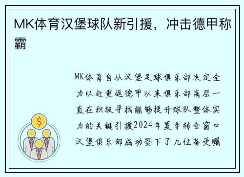 MK体育汉堡球队新引援，冲击德甲称霸